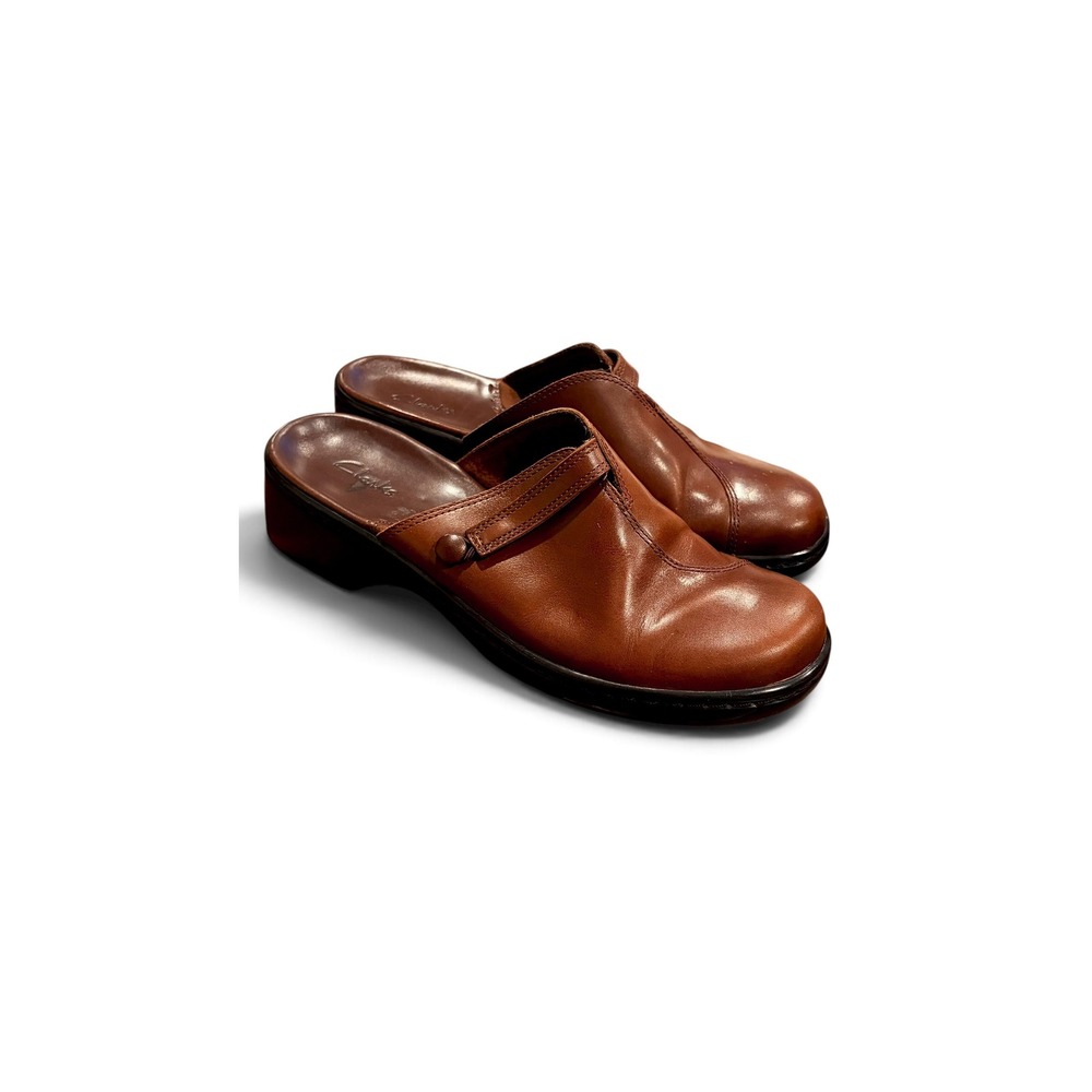 Y2K Clarks Leather Mules Women 8.5 Brown Low Wedge Slip On Comfort Clogs - Picture 5 of 7